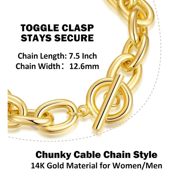 14K Chunky Gold Chain Bracelet Women 7.5 Inch Cuban Rope Toggle Jewelry Gift - Picture 4 of 7